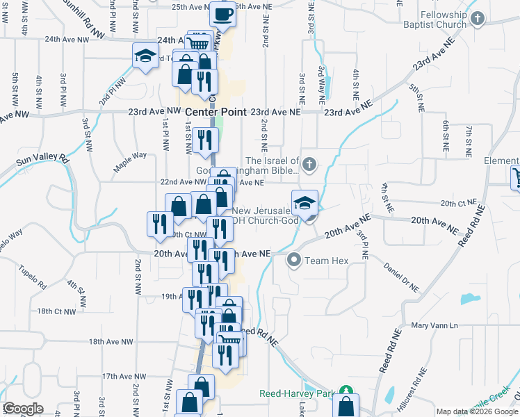 map of restaurants, bars, coffee shops, grocery stores, and more near 201 Colony Square Drive in Center Point