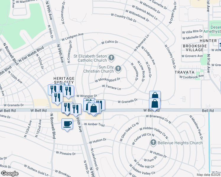 map of restaurants, bars, coffee shops, grocery stores, and more near 9723 West Terrace Lane in Sun City