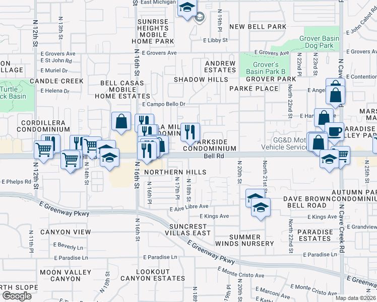 map of restaurants, bars, coffee shops, grocery stores, and more near in Phoenix