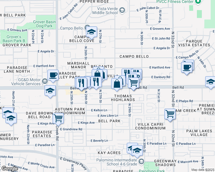 map of restaurants, bars, coffee shops, grocery stores, and more near 2732 East Bell Road in Phoenix