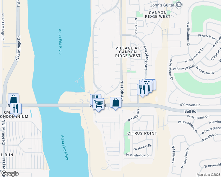 map of restaurants, bars, coffee shops, grocery stores, and more near 11575 West Mule Deer Court in Surprise