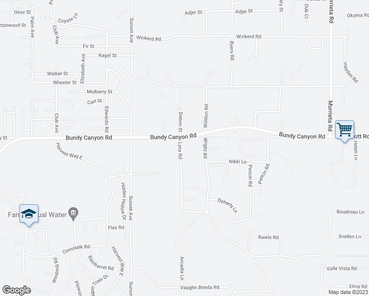 map of restaurants, bars, coffee shops, grocery stores, and more near 25371 Bundy Canyon Road in Menifee
