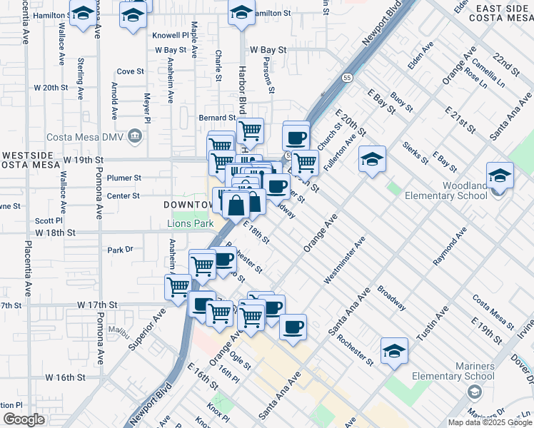 map of restaurants, bars, coffee shops, grocery stores, and more near 122 Magnolia Street in Costa Mesa