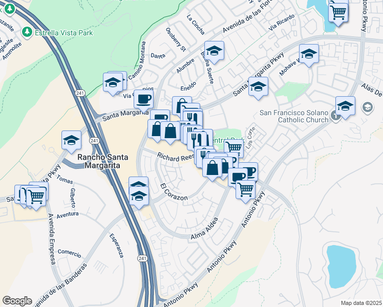 map of restaurants, bars, coffee shops, grocery stores, and more near 190 El Portal in Rancho Santa Margarita