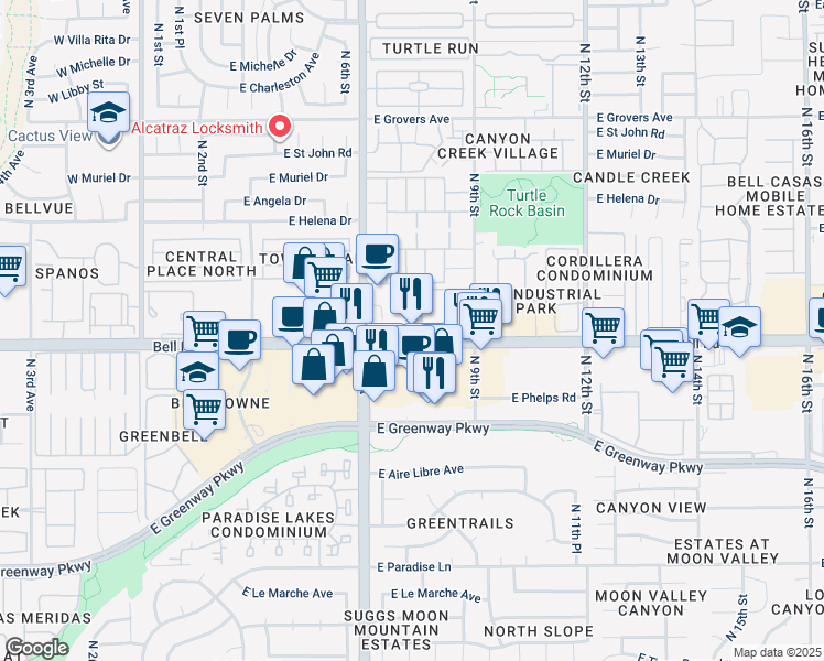 map of restaurants, bars, coffee shops, grocery stores, and more near 748 East Bell Road in Phoenix
