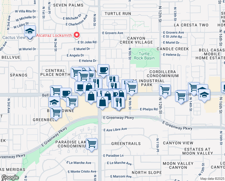 map of restaurants, bars, coffee shops, grocery stores, and more near 748 East Bell Road in Phoenix