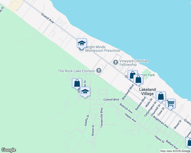 map of restaurants, bars, coffee shops, grocery stores, and more near 17339 Akley Street in Lake Elsinore