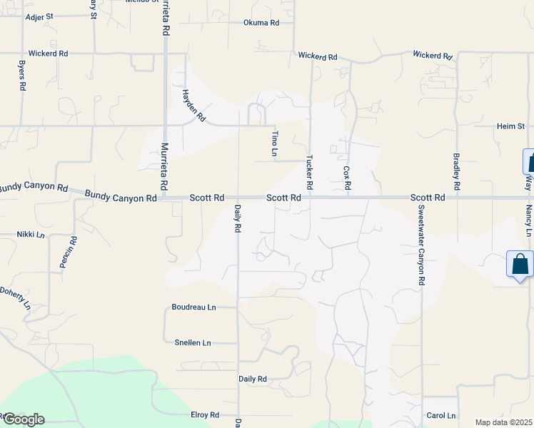 map of restaurants, bars, coffee shops, grocery stores, and more near 33085 Paradise Lane in Menifee