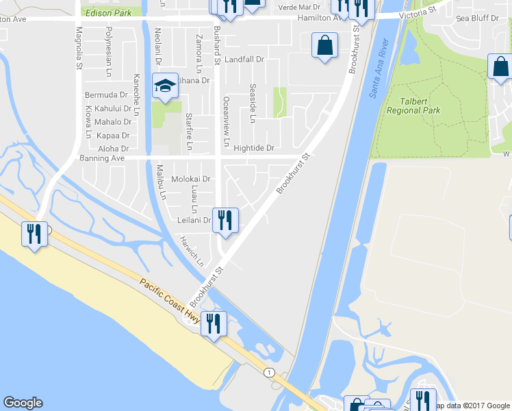 map of restaurants, bars, coffee shops, grocery stores, and more near 22192 Cape May Lane in Huntington Beach