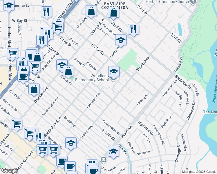 map of restaurants, bars, coffee shops, grocery stores, and more near 375 Woodland Place in Costa Mesa