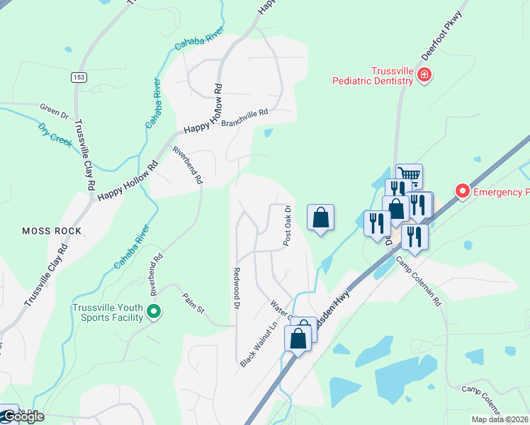 map of restaurants, bars, coffee shops, grocery stores, and more near 138 Water Oak Drive in Trussville