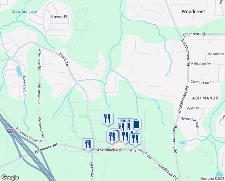 map of restaurants, bars, coffee shops, grocery stores, and more near 2973 Village Park Drive East in Ellenwood