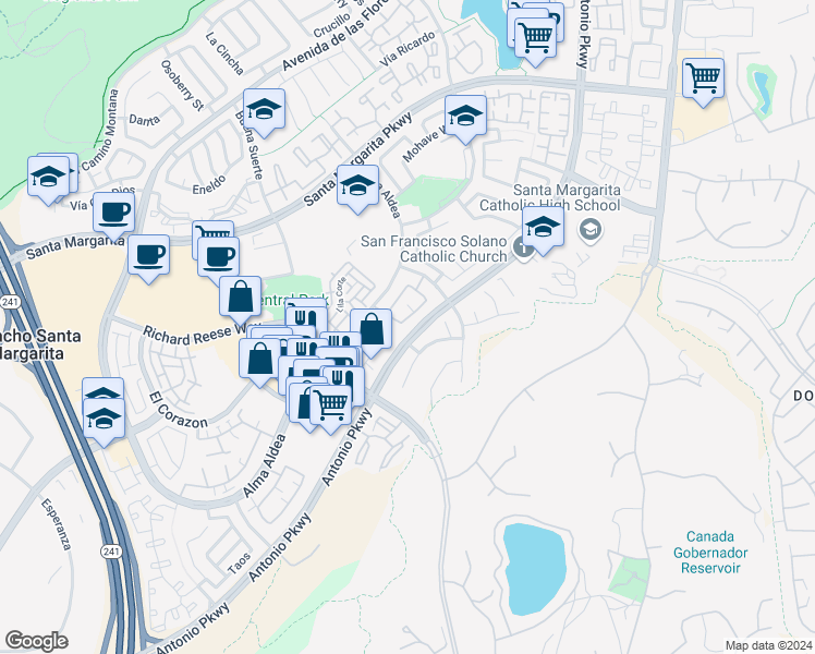 map of restaurants, bars, coffee shops, grocery stores, and more near 80 Via Prado in Rancho Santa Margarita