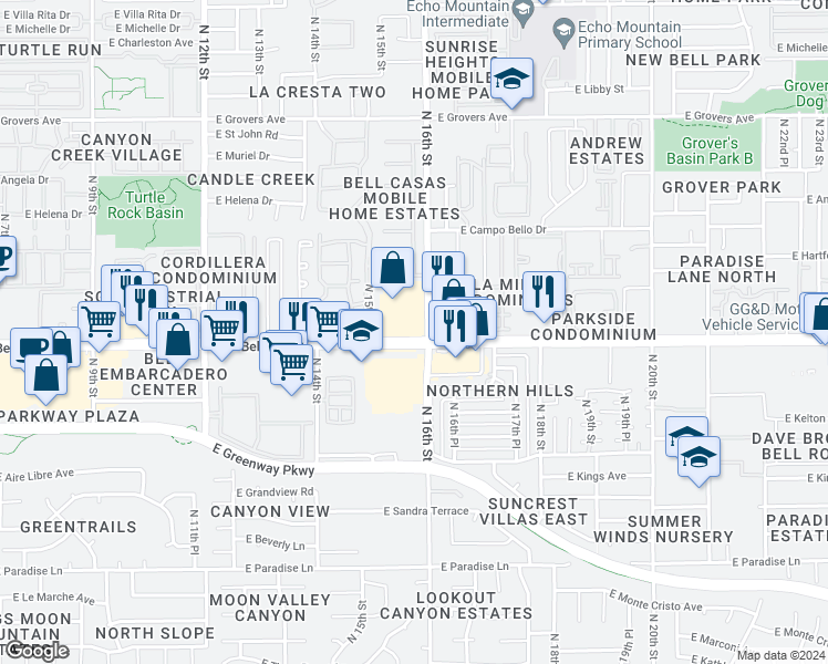 map of restaurants, bars, coffee shops, grocery stores, and more near 1605 East Bell Road in Phoenix