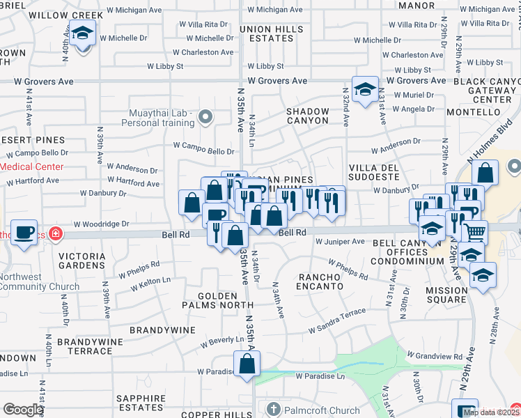 map of restaurants, bars, coffee shops, grocery stores, and more near 3450 West Bell Road in Phoenix