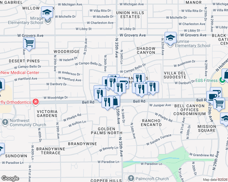 map of restaurants, bars, coffee shops, grocery stores, and more near 3522 West Bell Road in Glendale