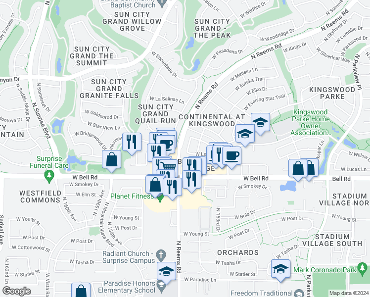 map of restaurants, bars, coffee shops, grocery stores, and more near 17112 North Melissa Lane in Surprise