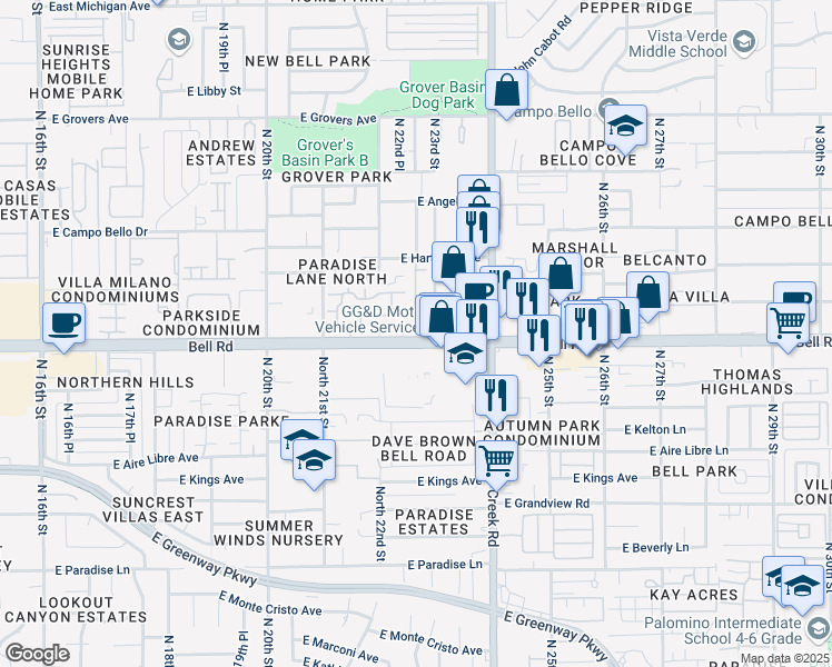 map of restaurants, bars, coffee shops, grocery stores, and more near 2217 E Bell Rd in Phoenix