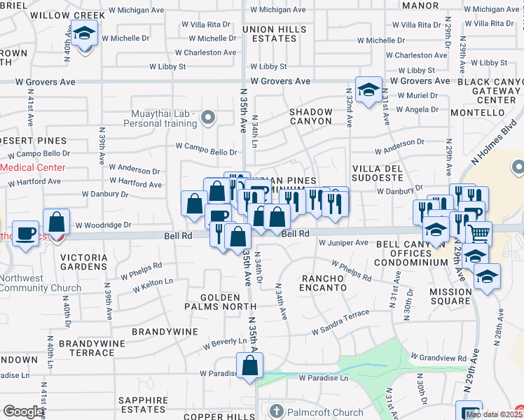 map of restaurants, bars, coffee shops, grocery stores, and more near 3450 West Bell Road in Phoenix