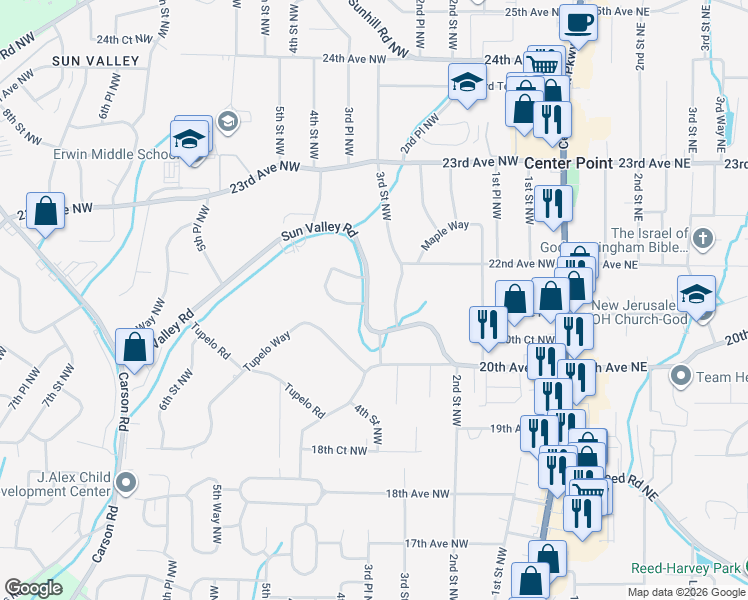 map of restaurants, bars, coffee shops, grocery stores, and more near 328 Sun Valley Road in Center Point