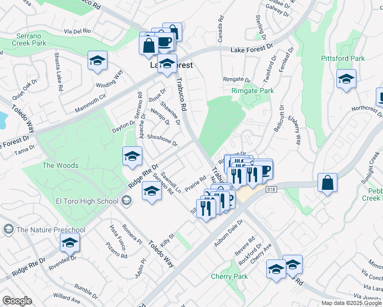map of restaurants, bars, coffee shops, grocery stores, and more near 25612 Hazelnut Lane in Lake Forest
