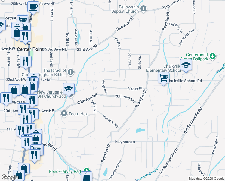 map of restaurants, bars, coffee shops, grocery stores, and more near 422 20th Avenue Northeast in Center Point