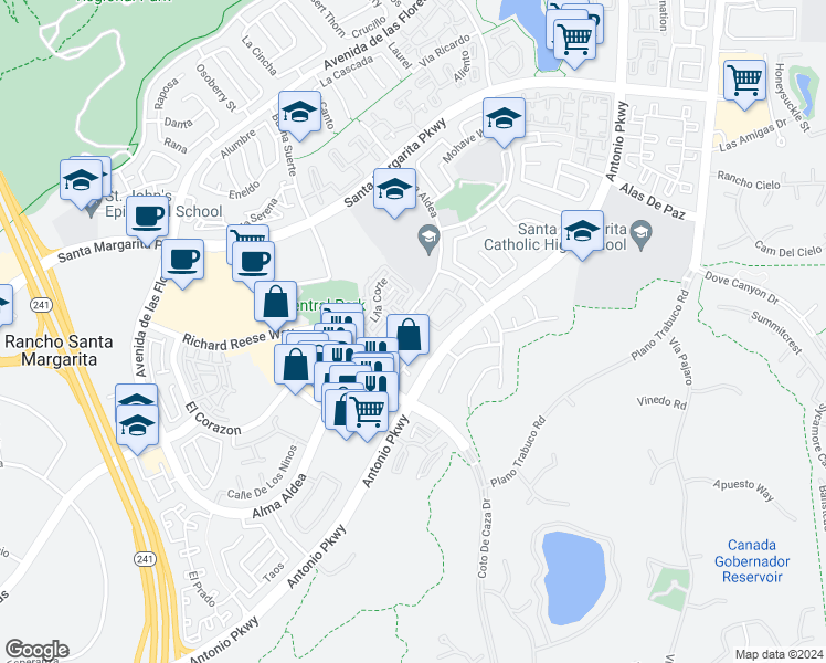 map of restaurants, bars, coffee shops, grocery stores, and more near 5 Vía Pamplona in Rancho Santa Margarita