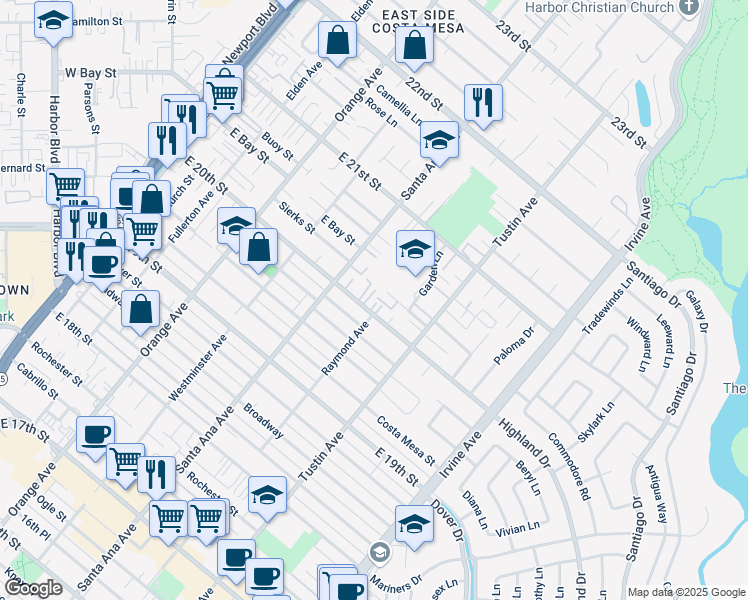 map of restaurants, bars, coffee shops, grocery stores, and more near 340 East 20th Street in Costa Mesa