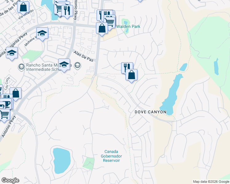 map of restaurants, bars, coffee shops, grocery stores, and more near 2 Snowdon in Rancho Santa Margarita