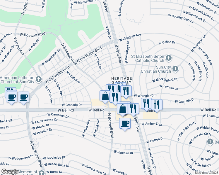 map of restaurants, bars, coffee shops, grocery stores, and more near 17225 North Boswell Boulevard in Sun City