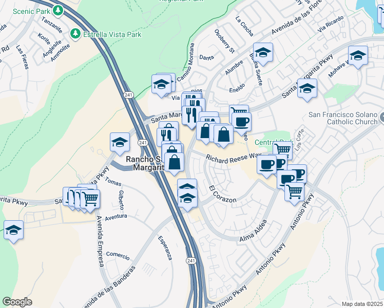 map of restaurants, bars, coffee shops, grocery stores, and more near 75 Avenida de las Flores in Rancho Santa Margarita