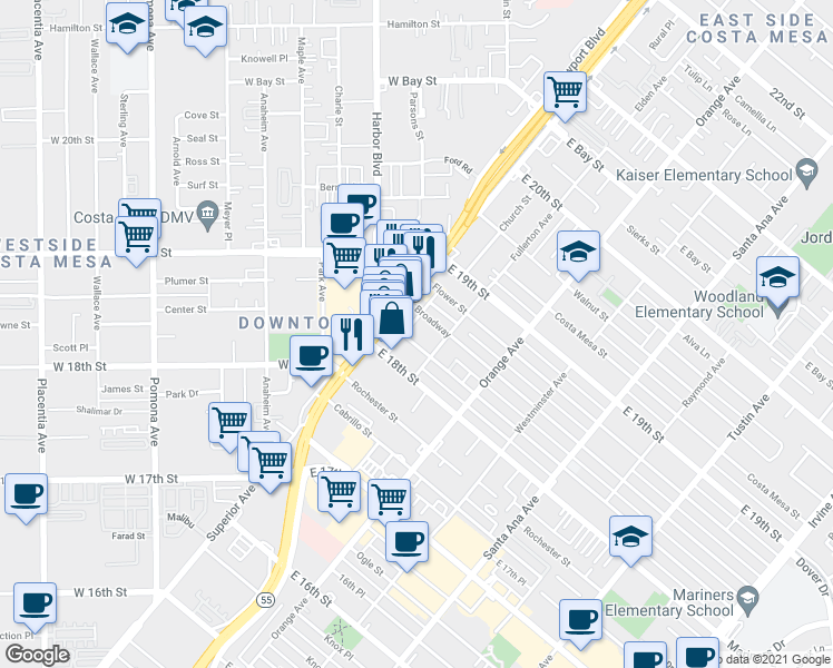 map of restaurants, bars, coffee shops, grocery stores, and more near 114 Magnolia Street in Costa Mesa