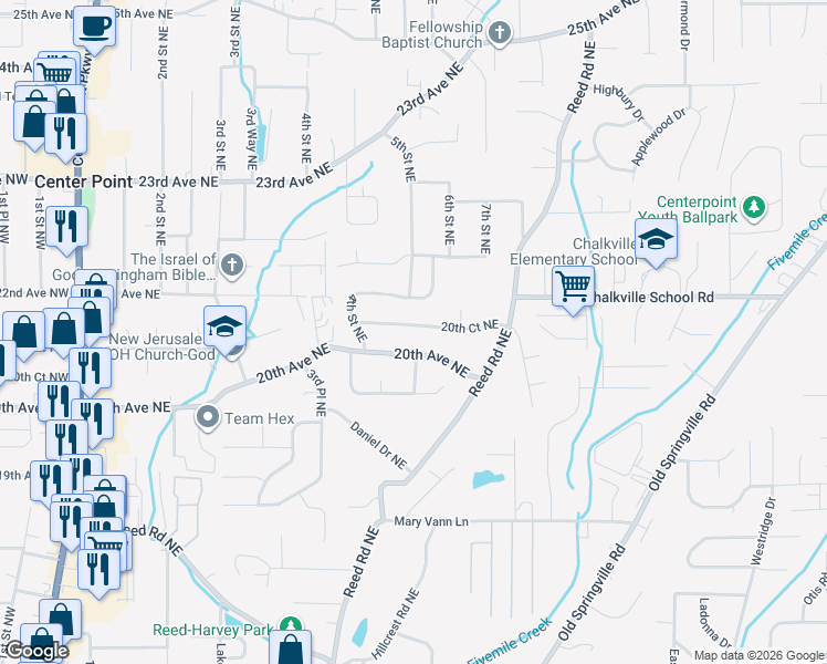 map of restaurants, bars, coffee shops, grocery stores, and more near 422 20th Avenue Northeast in Center Point