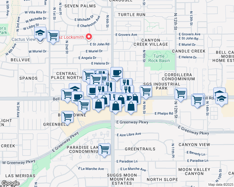 map of restaurants, bars, coffee shops, grocery stores, and more near 17015 North 7th Street in Phoenix