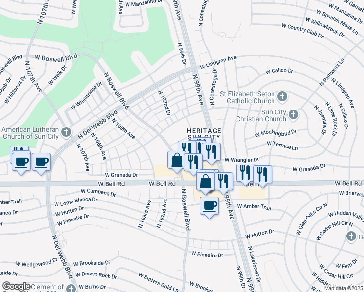 map of restaurants, bars, coffee shops, grocery stores, and more near 17225 North Boswell Boulevard in Sun City