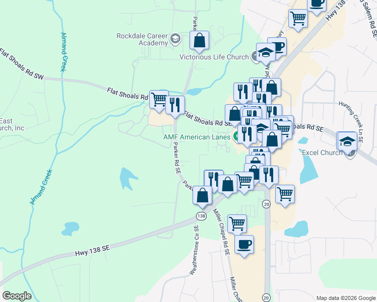 map of restaurants, bars, coffee shops, grocery stores, and more near 1846 Parker Road Southeast in Conyers