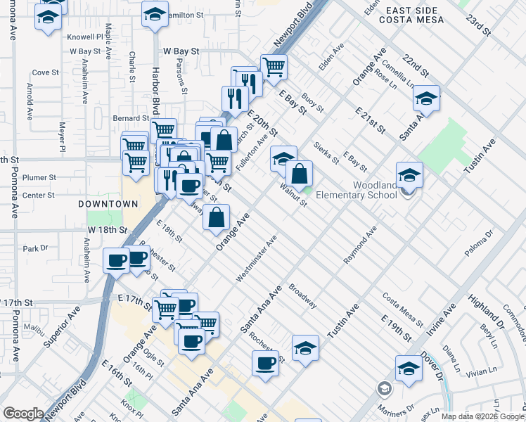 map of restaurants, bars, coffee shops, grocery stores, and more near 212 East 19th Street in Costa Mesa