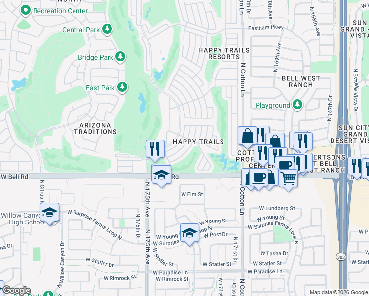 map of restaurants, bars, coffee shops, grocery stores, and more near 17200 West Bell Road in Surprise
