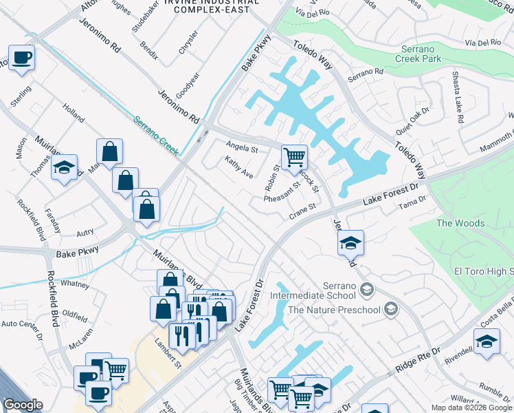 map of restaurants, bars, coffee shops, grocery stores, and more near 24231 Sparrow Street in Lake Forest