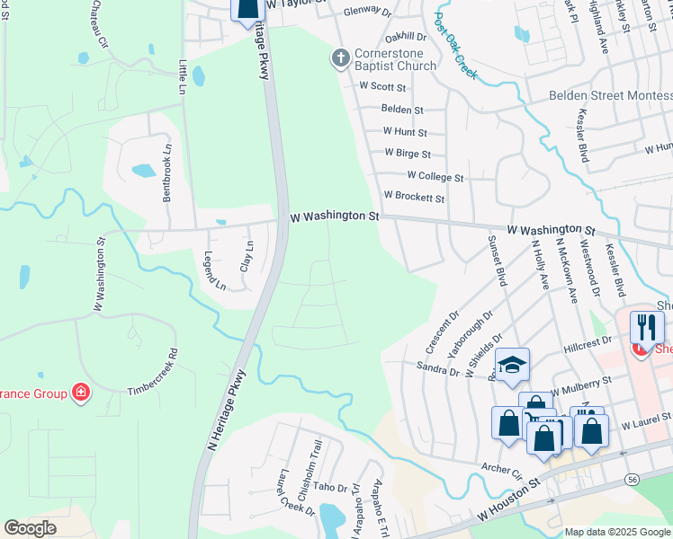 map of restaurants, bars, coffee shops, grocery stores, and more near 731 North Heritage Parkway in Sherman