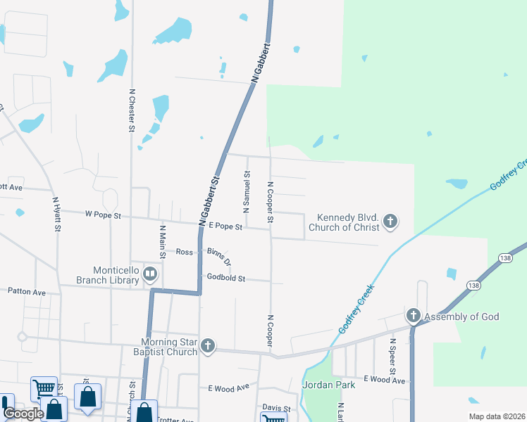 map of restaurants, bars, coffee shops, grocery stores, and more near 1123 North Cooper Street in Monticello