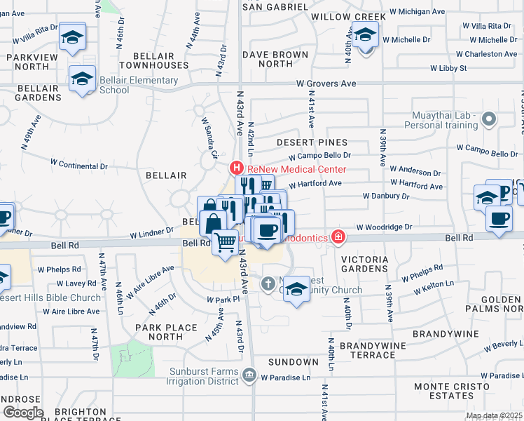 map of restaurants, bars, coffee shops, grocery stores, and more near 4240 West Bell Road in Glendale