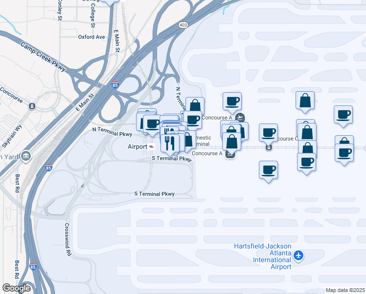 map of restaurants, bars, coffee shops, grocery stores, and more near 6000 North Terminal Parkway in Atlanta