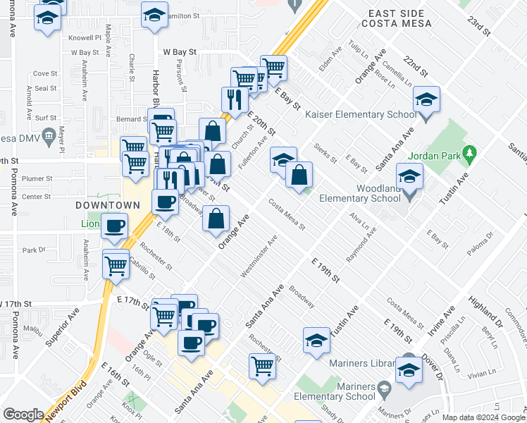 map of restaurants, bars, coffee shops, grocery stores, and more near 212 East 19th Street in Costa Mesa