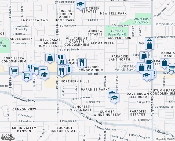 map of restaurants, bars, coffee shops, grocery stores, and more near 1920 East Bell Road in Phoenix