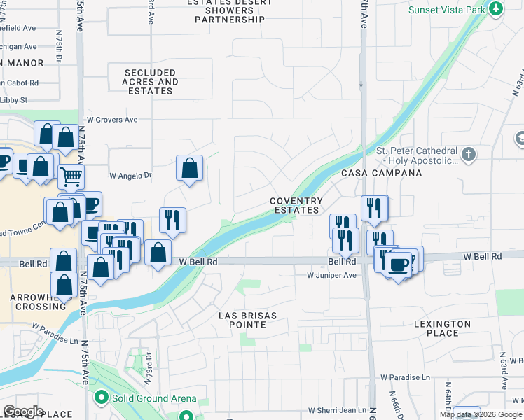 map of restaurants, bars, coffee shops, grocery stores, and more near 7037 West Campo Bello Drive in Glendale