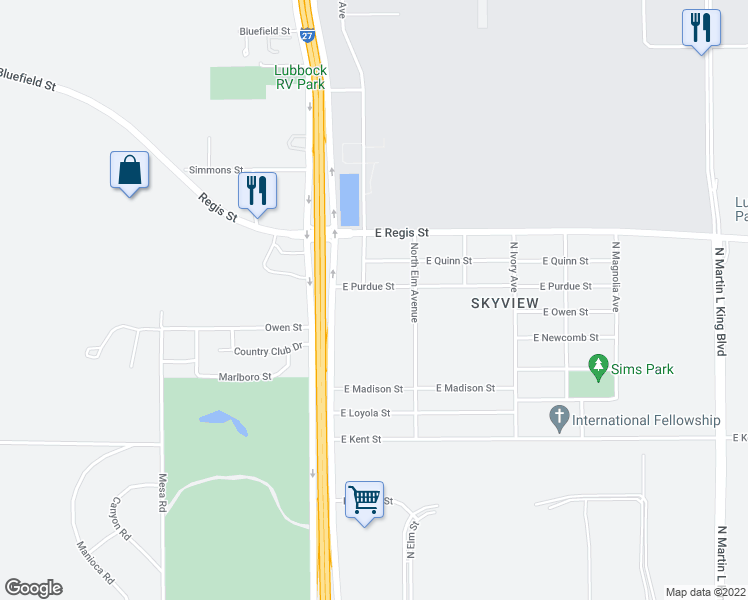 map of restaurants, bars, coffee shops, grocery stores, and more near 302 East Purdue Street in Lubbock