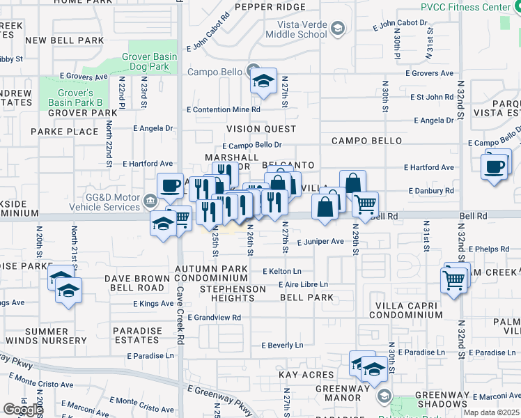 map of restaurants, bars, coffee shops, grocery stores, and more near 2601 East Bell Road in Phoenix