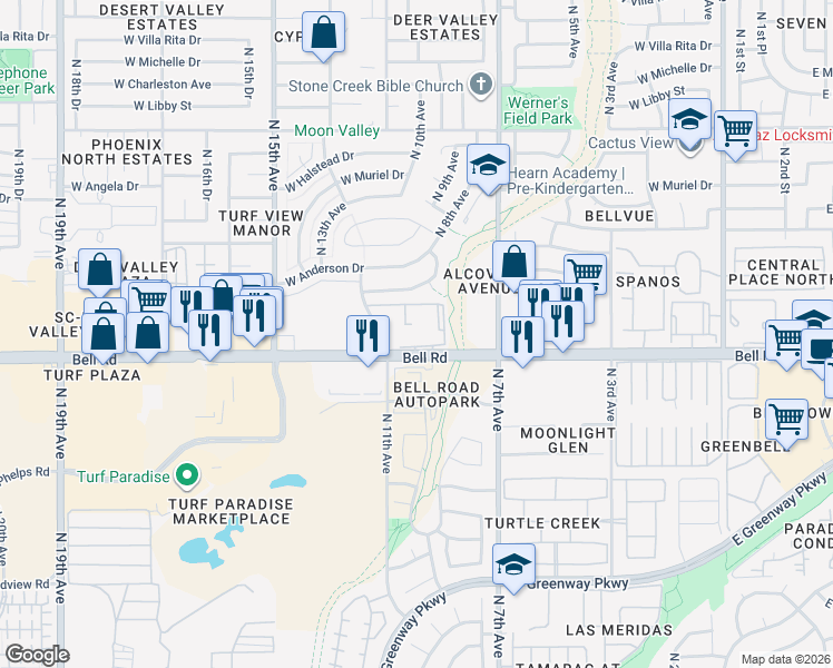 map of restaurants, bars, coffee shops, grocery stores, and more near 17031 North 11th Avenue in Phoenix