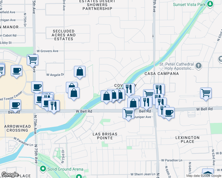 map of restaurants, bars, coffee shops, grocery stores, and more near 7037 West Campo Bello Drive in Glendale